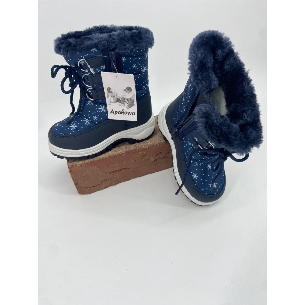 Apakowa Kids Navy Blue Snowflake Winter Snow Boots Faux Fur Lined Waterproof Lug